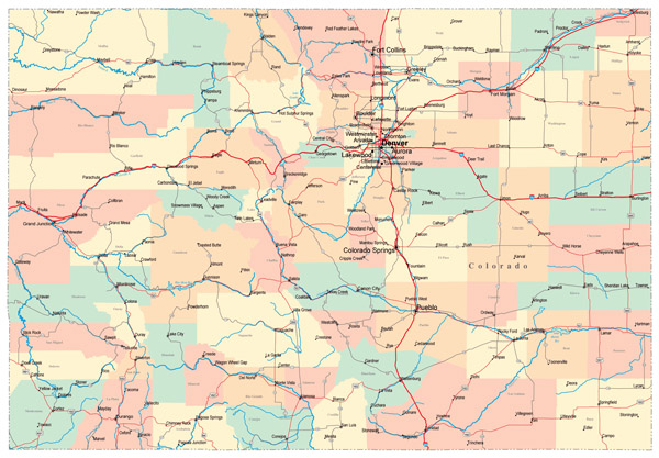 Detailed administrative map of Colorado state with roads and cities.