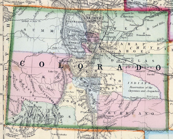 Detailed old map of Colorado state - 1870.