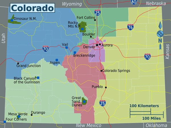 Detailed regions map of Colorado state.