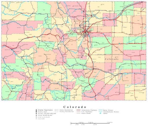 Large administrative map of Colorado state with roads and cities.