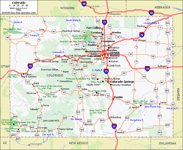 Road map of Colorado state. Colorado state road map.