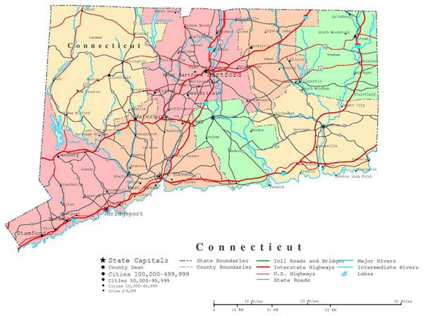 Detailed administrative map of Connecticut state with roads and cities.