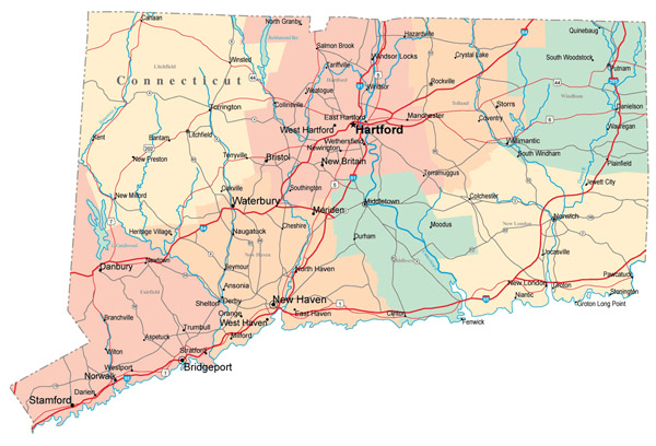 Detailed road map of Connecticut state with cities.