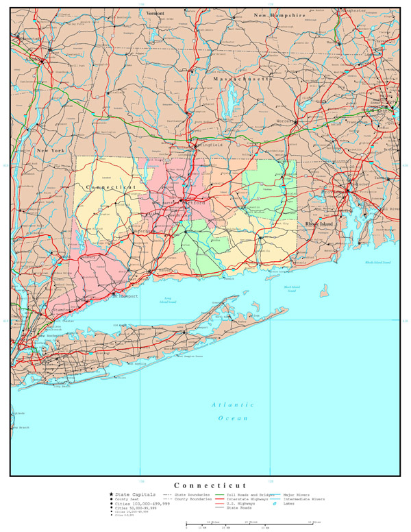 Large administrative map of Connecticut state with roads and cities.
