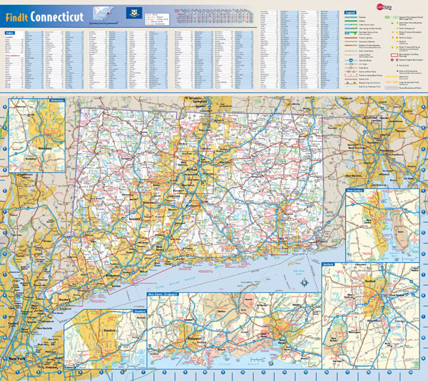 Large detailed road map of Connecticut state with all cities.