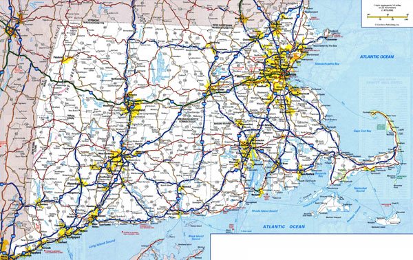 Large detailed roads and highways map of Connecticut, Massachusetts and Rhode Island states with all cities.