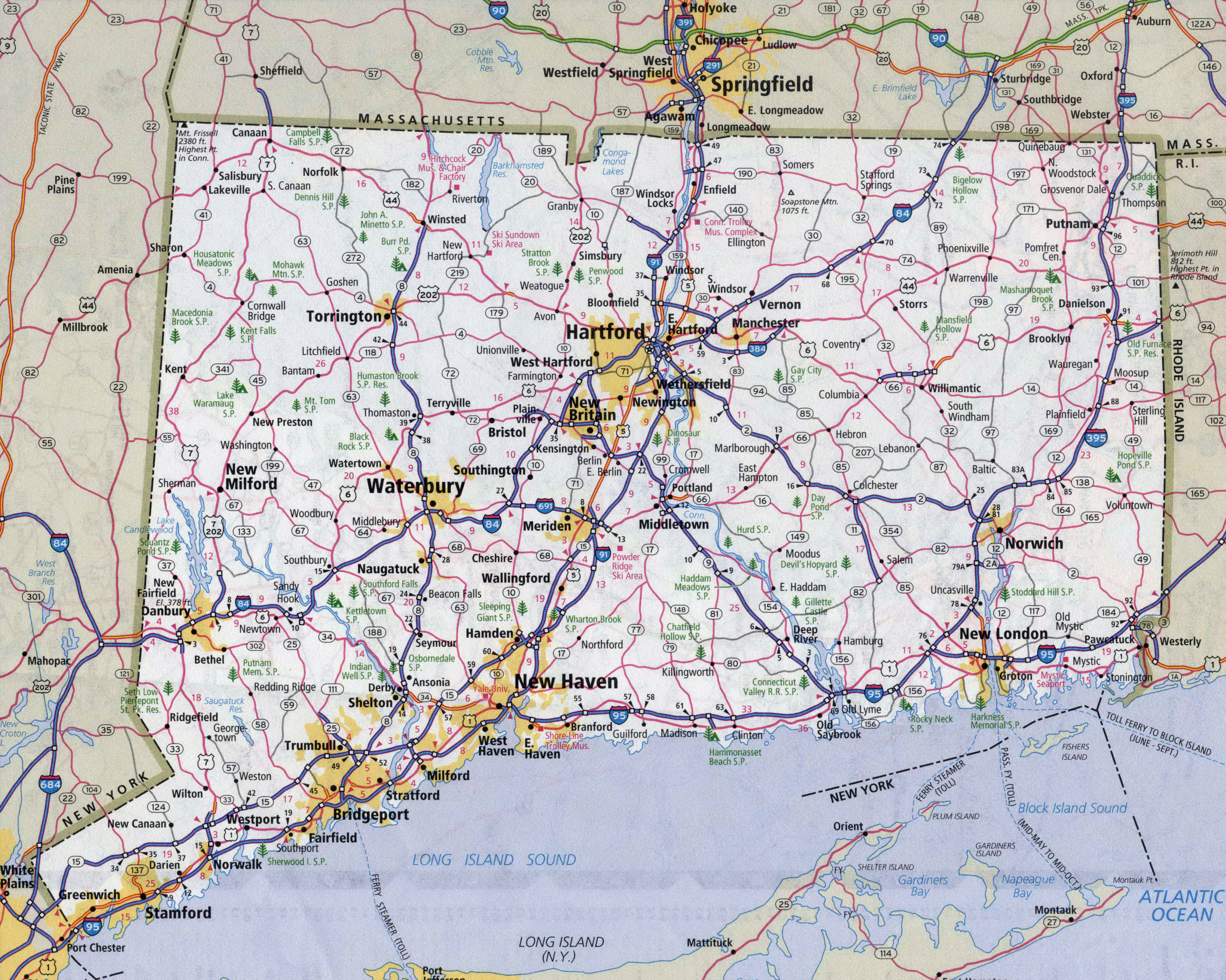 Large detailed roads and highways map of Connecticut state with all