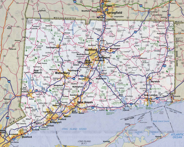 Large detailed roads and highways map of Connecticut state with all cities.