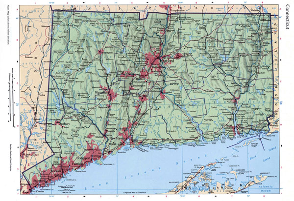 Large detailed roads and highways map of Connecticut state with relief and all cities.