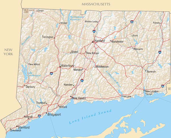 Large highways map of Connecticut state with relief.