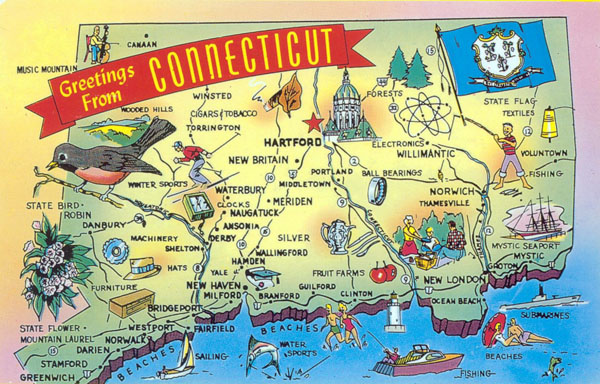 Large tourist illustrated map of Connecticut state.