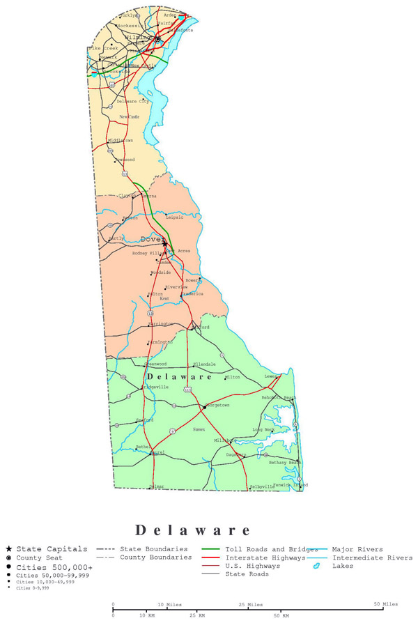 Detailed administrative map of Delaware state with highways and cities.