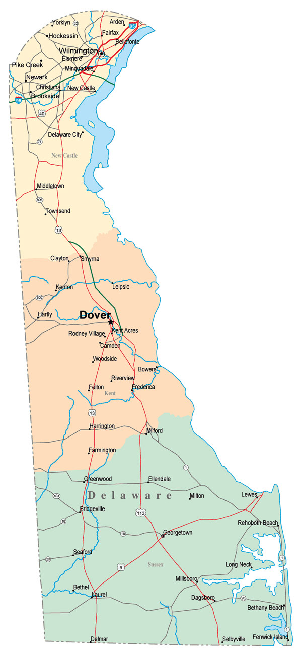 Detailed administrative map of Delaware state with roads and cities.