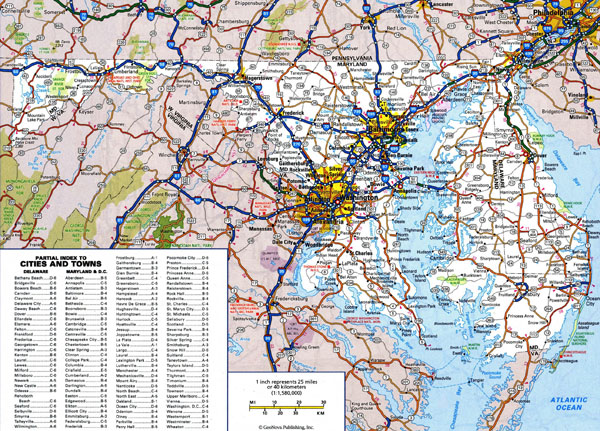 Large detailed roads and highways map of Delaware and Maryland states with all cities.