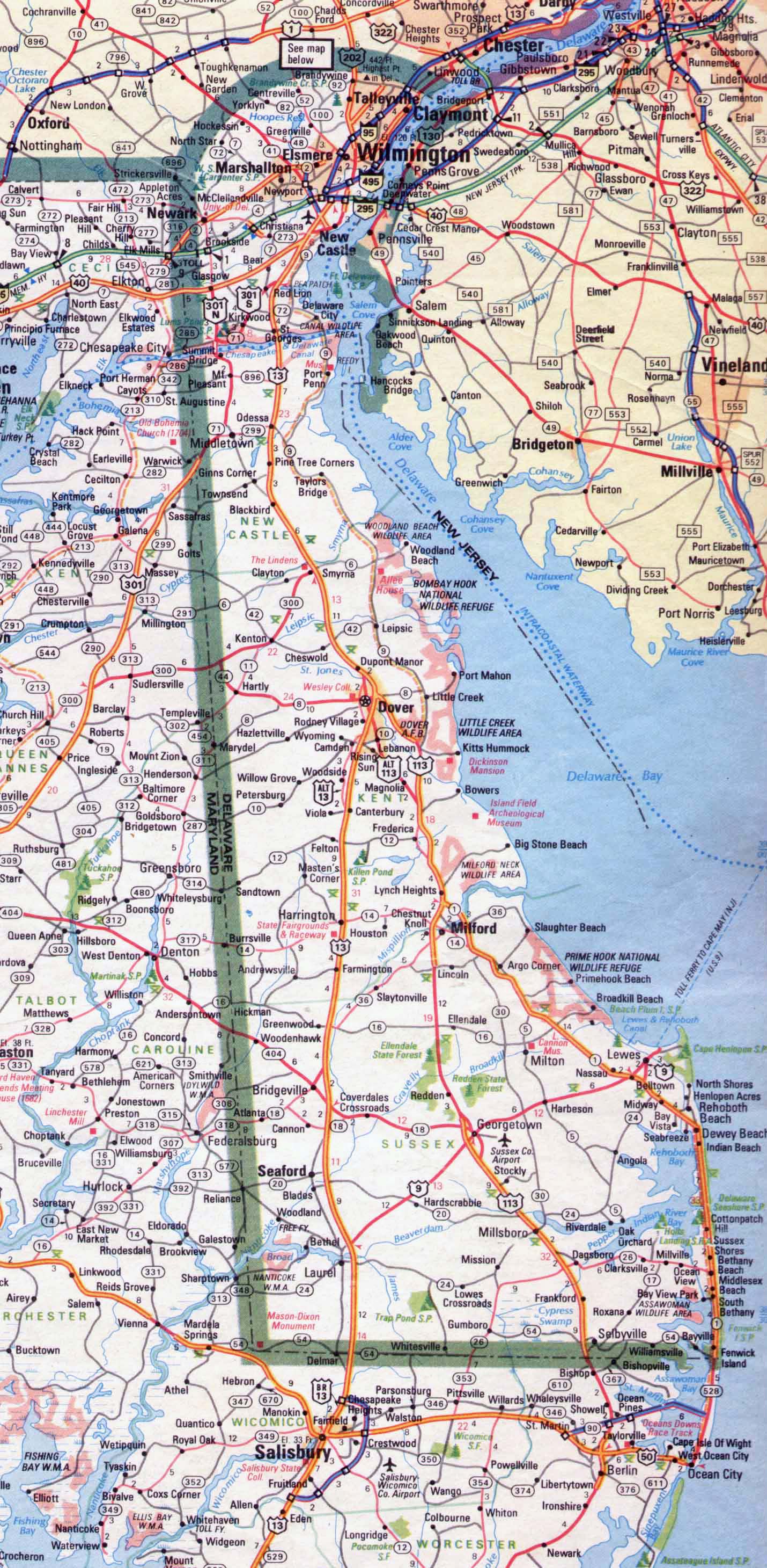 Large roads and highways map of Delaware state – 1983. Delaware state