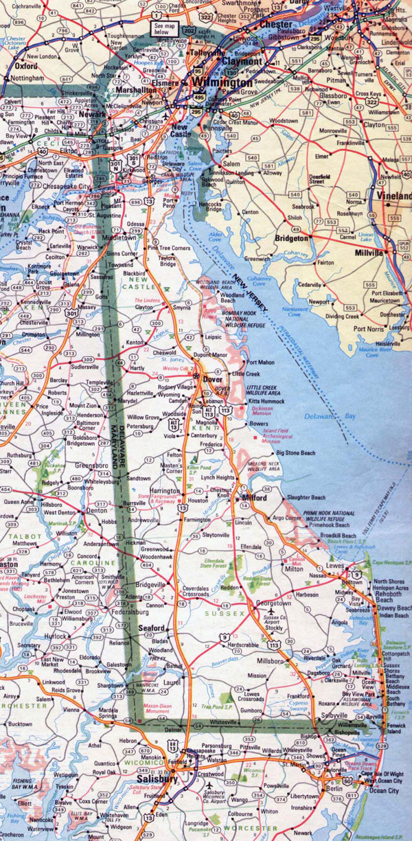 Large roads and highways map of Delaware state - 1983.