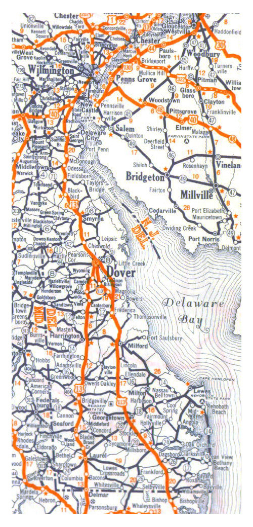 Roads and highways map of Delaware state - 1938.