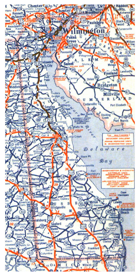 Roads and highways map of Delaware state - 1944.