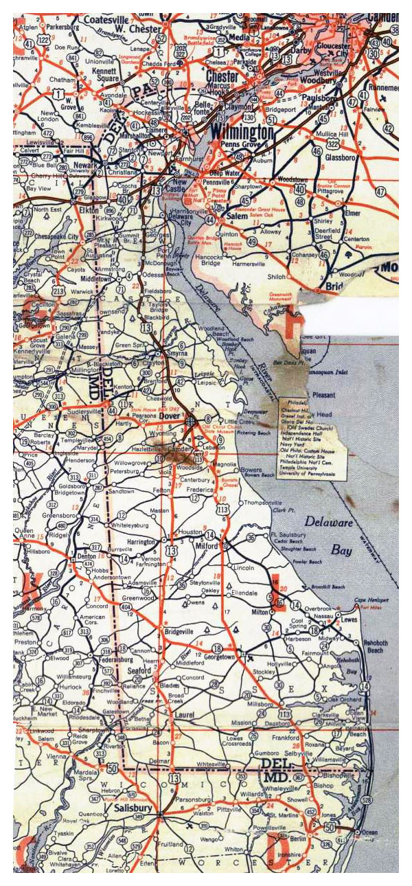 Roads and highways map of Delaware state - 1951.