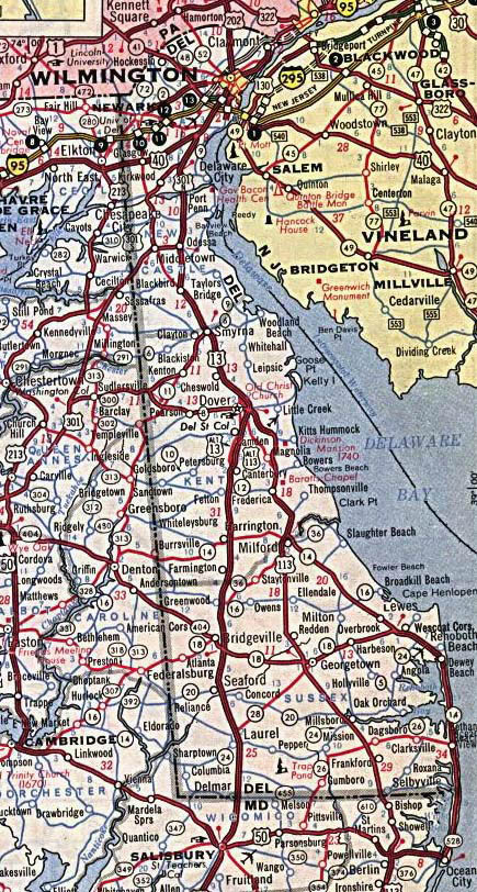 Roads and highways map of Delaware state - 1964.