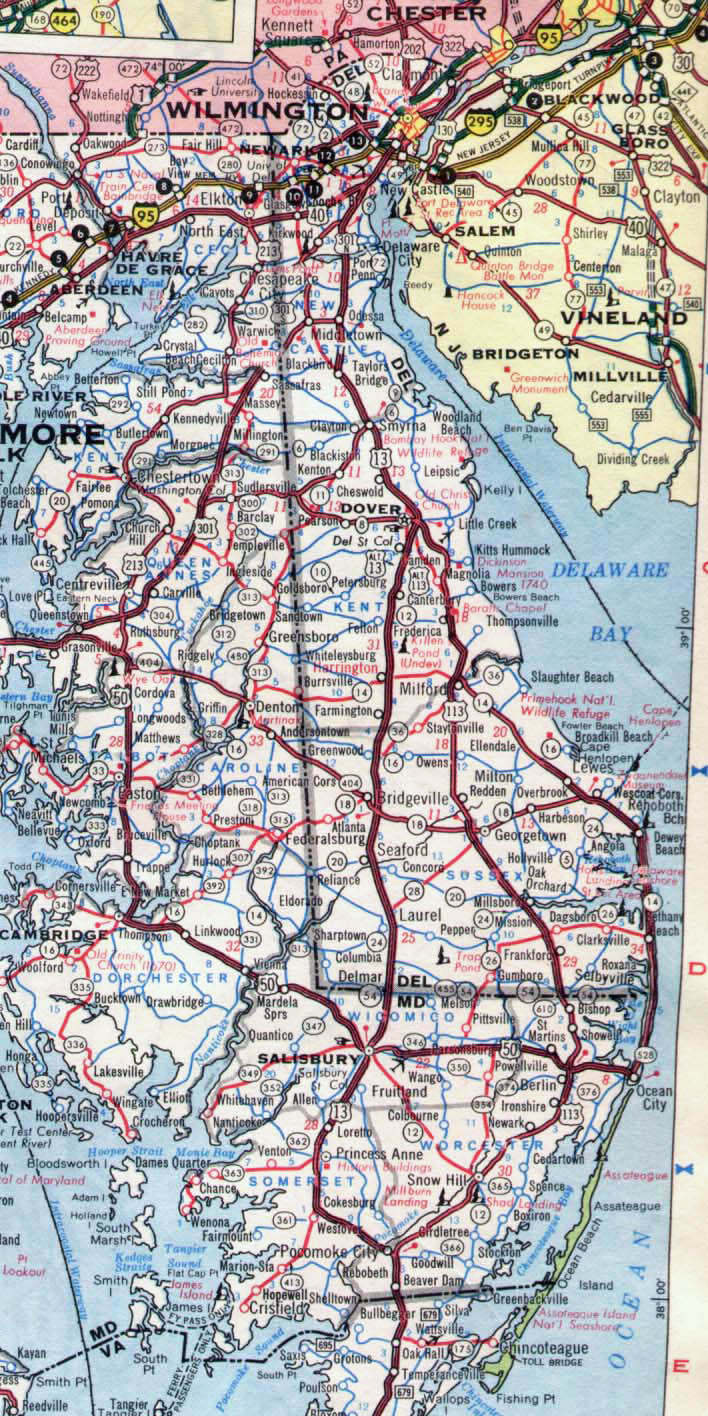 Roads and highways map of Delaware state - 1968.