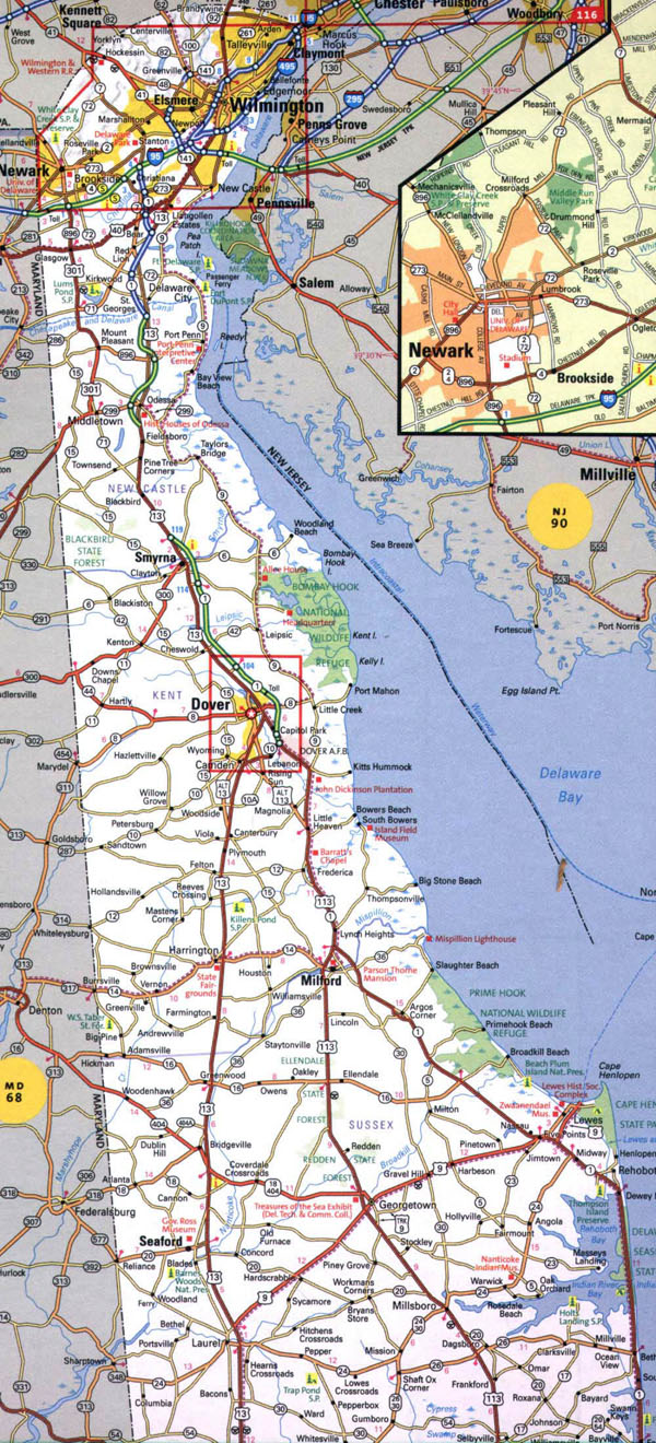 Roads and highways map of Delaware state - 2000.