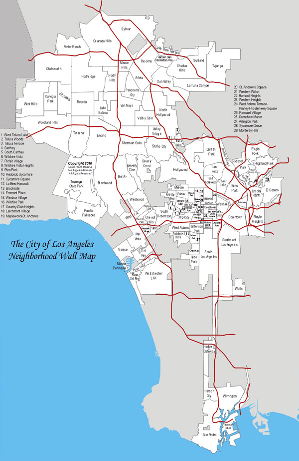 Detailed map of Los Angeles city and neighborhoods.