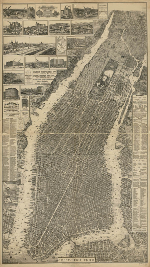 Detailed old panoramic map of Manhattan NYC with buildings.