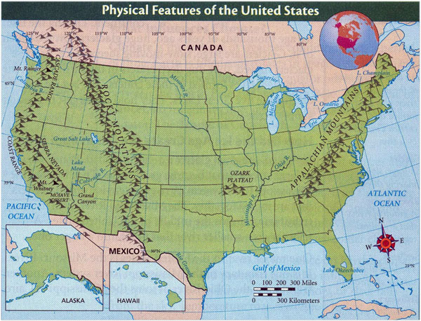 Detailed physical features map of the United States.