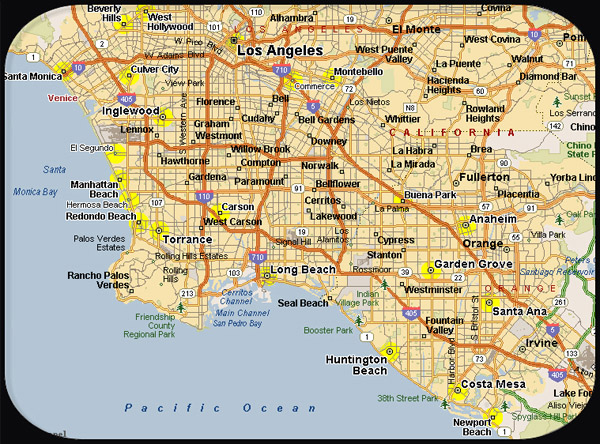 Detailed road and hotels map of Los Angeles city.