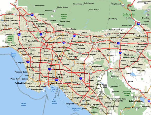 Detailed road map and highways map of Los Angeles area.