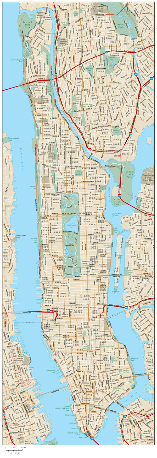 Detailed road map of Manhattan with street names.