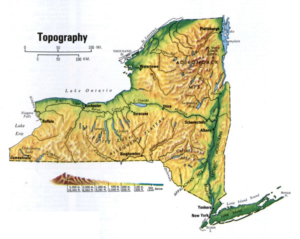 Detailed topographic map of New York State.