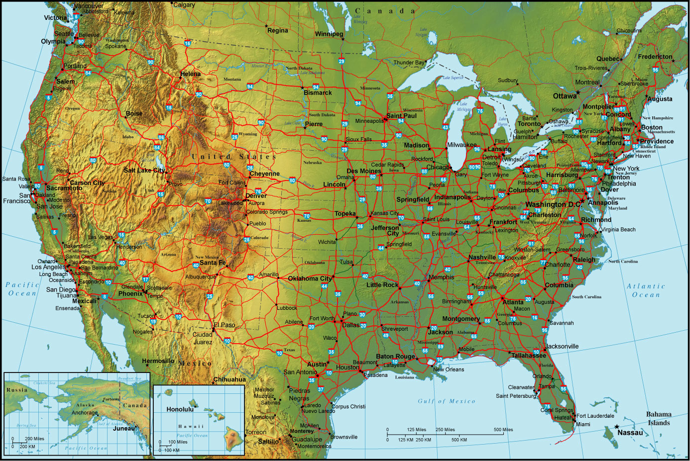 Detailed topographical map of the USA. The USA detailed topographical