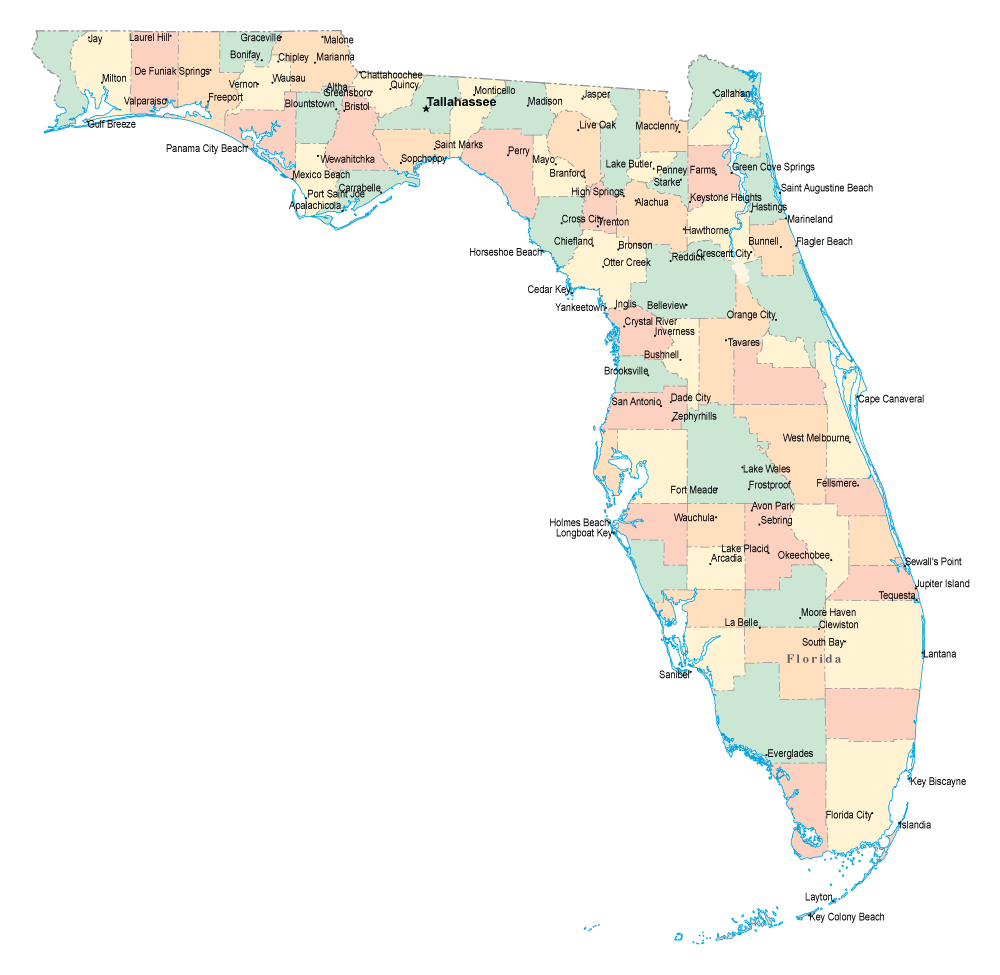 Administrative divisions map of Florida with major cities