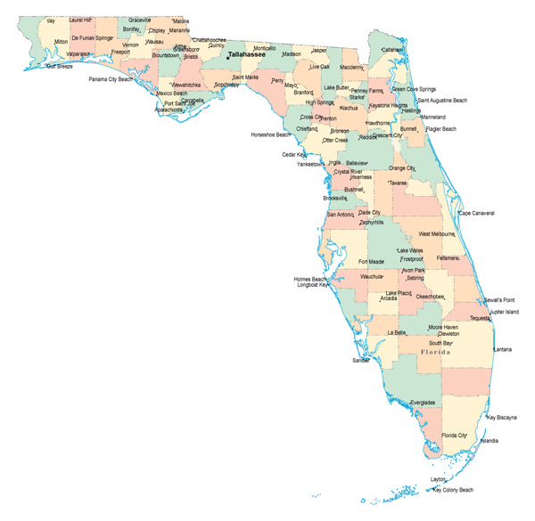 Administrative divisions map of Florida with major cities.