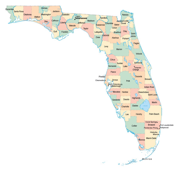 Administrative map of Florida state. Florida state administrative map.