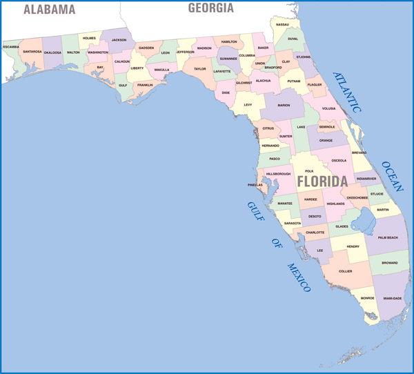 Detailed administrative divisions map of Florida state.