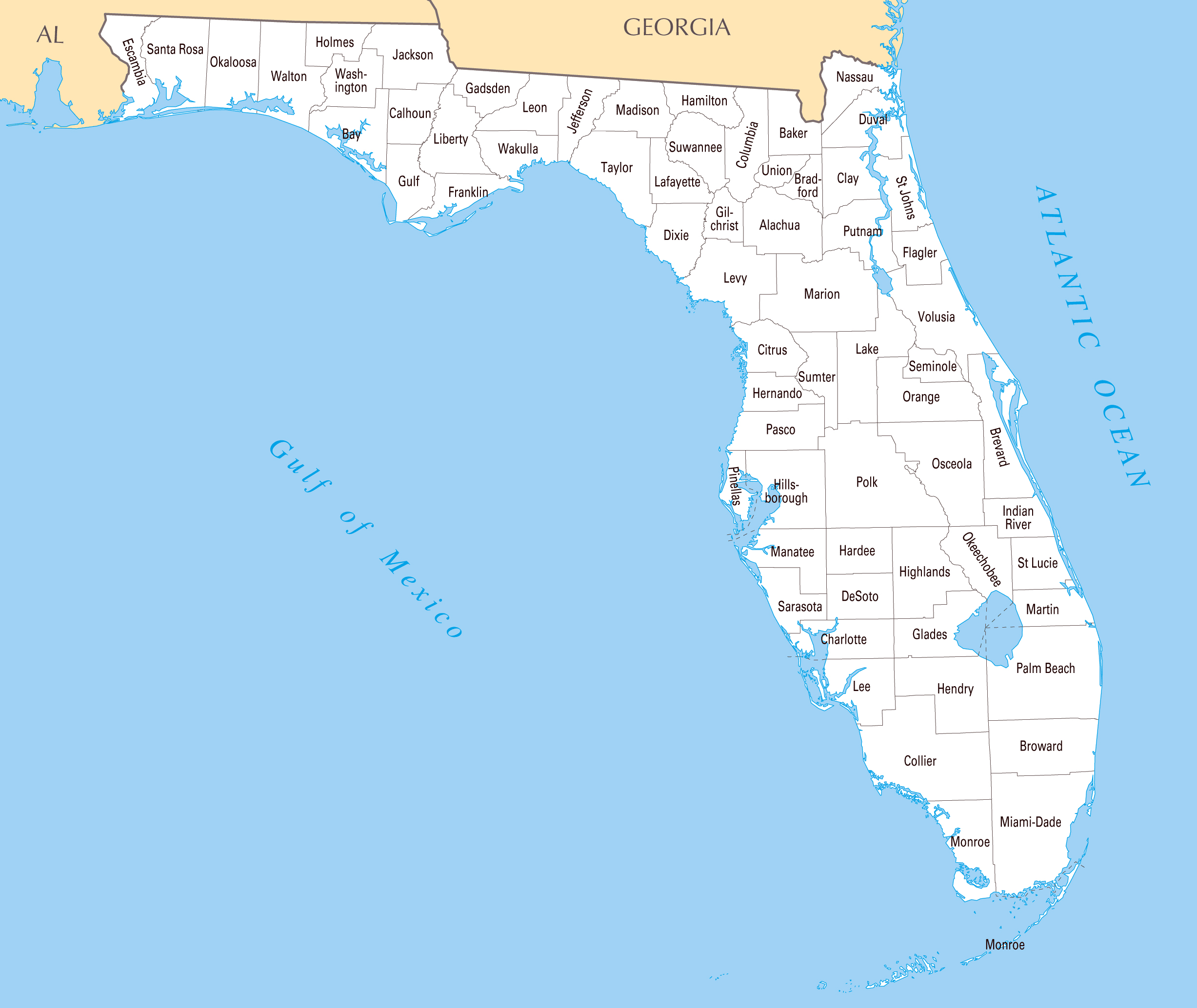 Detailed administrative map of Florida state. Florida state detailed