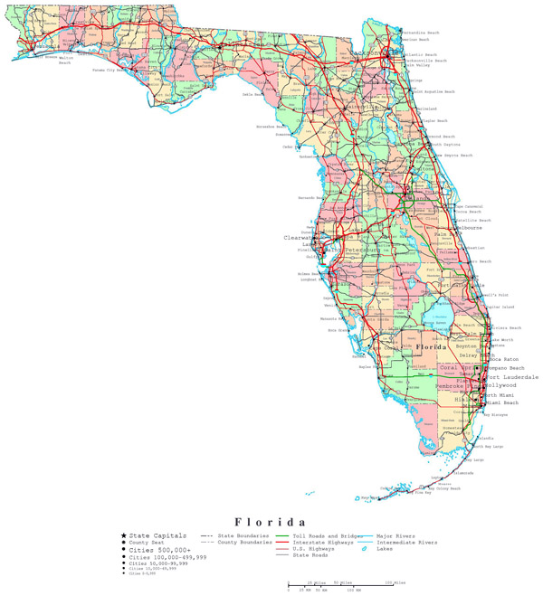 Detailed administrative map of Florida state with roads, highways and cities.