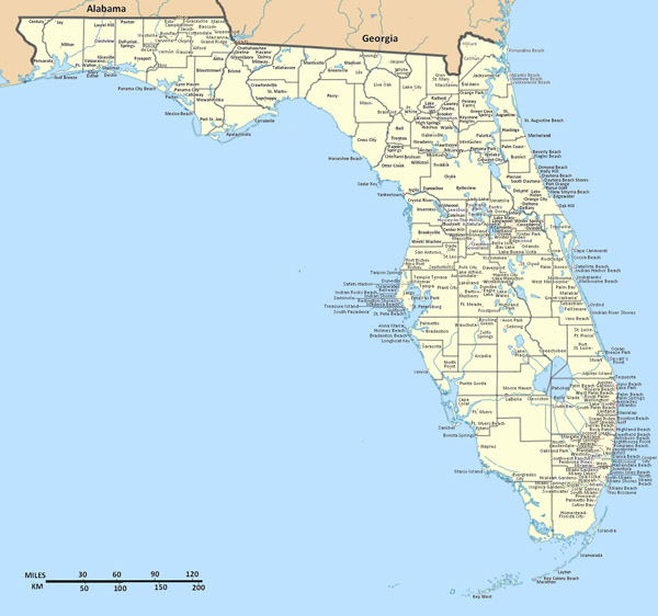 Detailed Florida state map with cities.