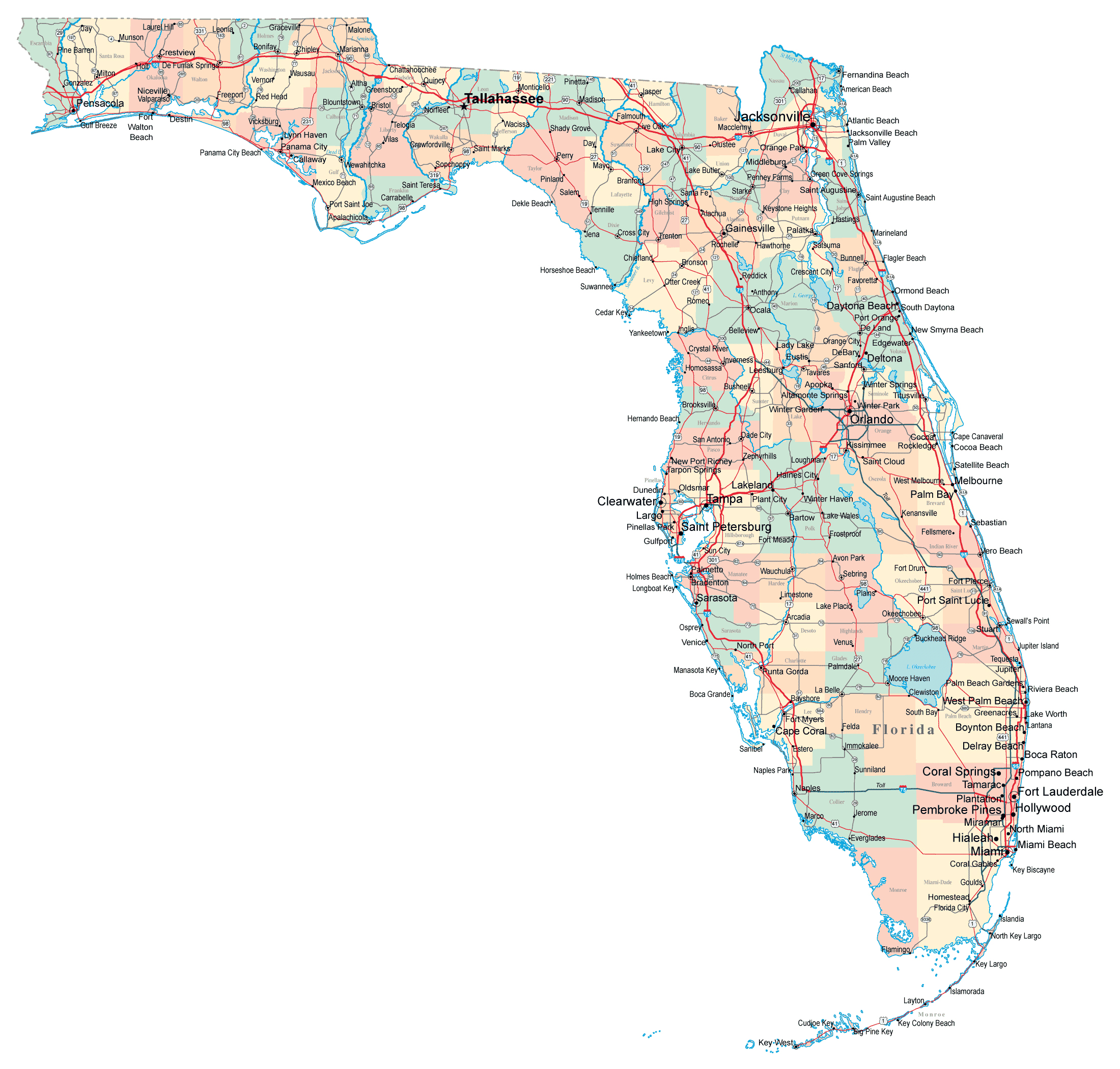 Large administrative map of Florida with roads and cities | Vidiani.com