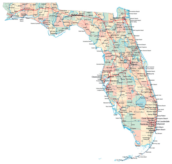 Large administrative map of Florida with roads and cities.