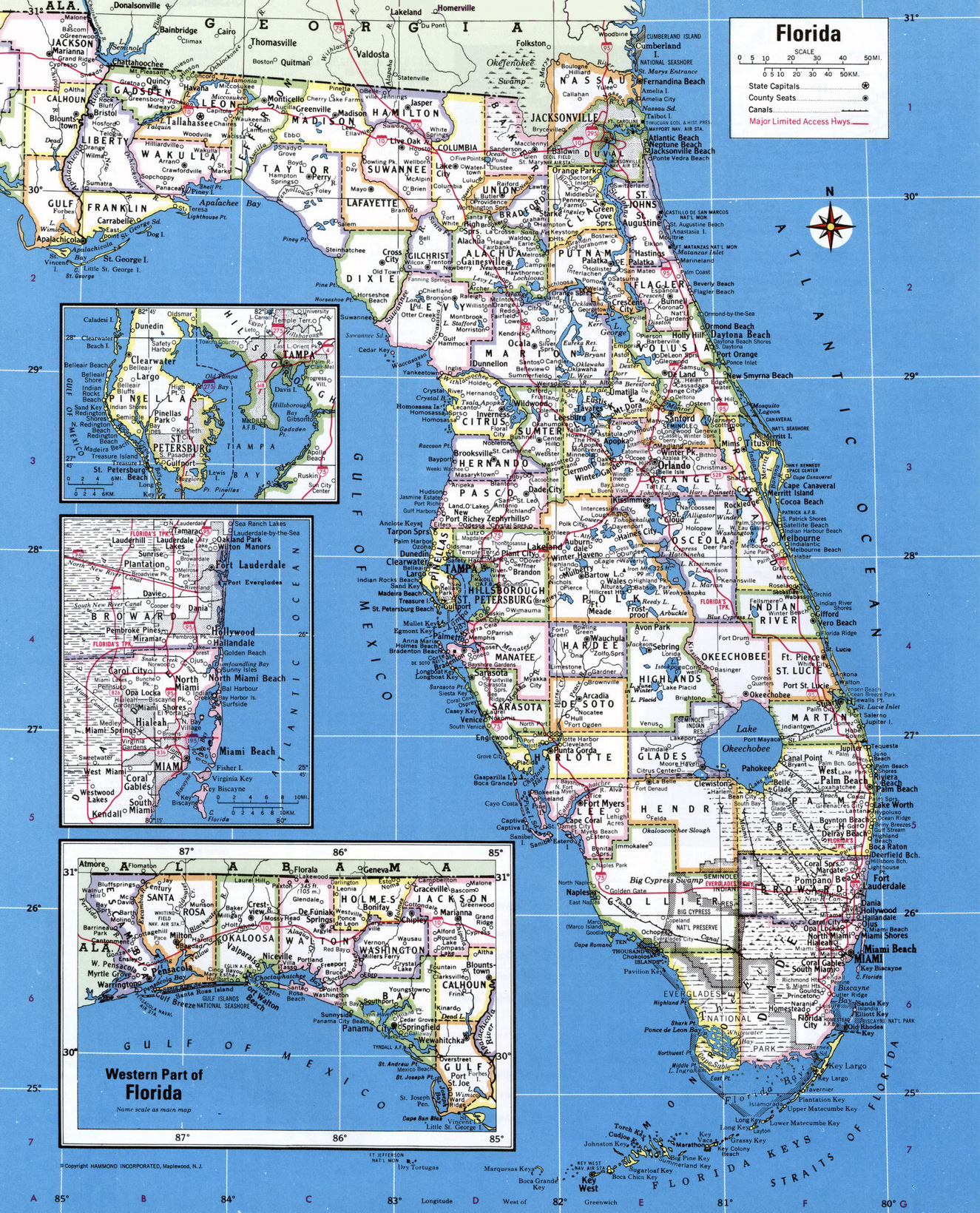 Large detailed administrative map of Florida state with major cities