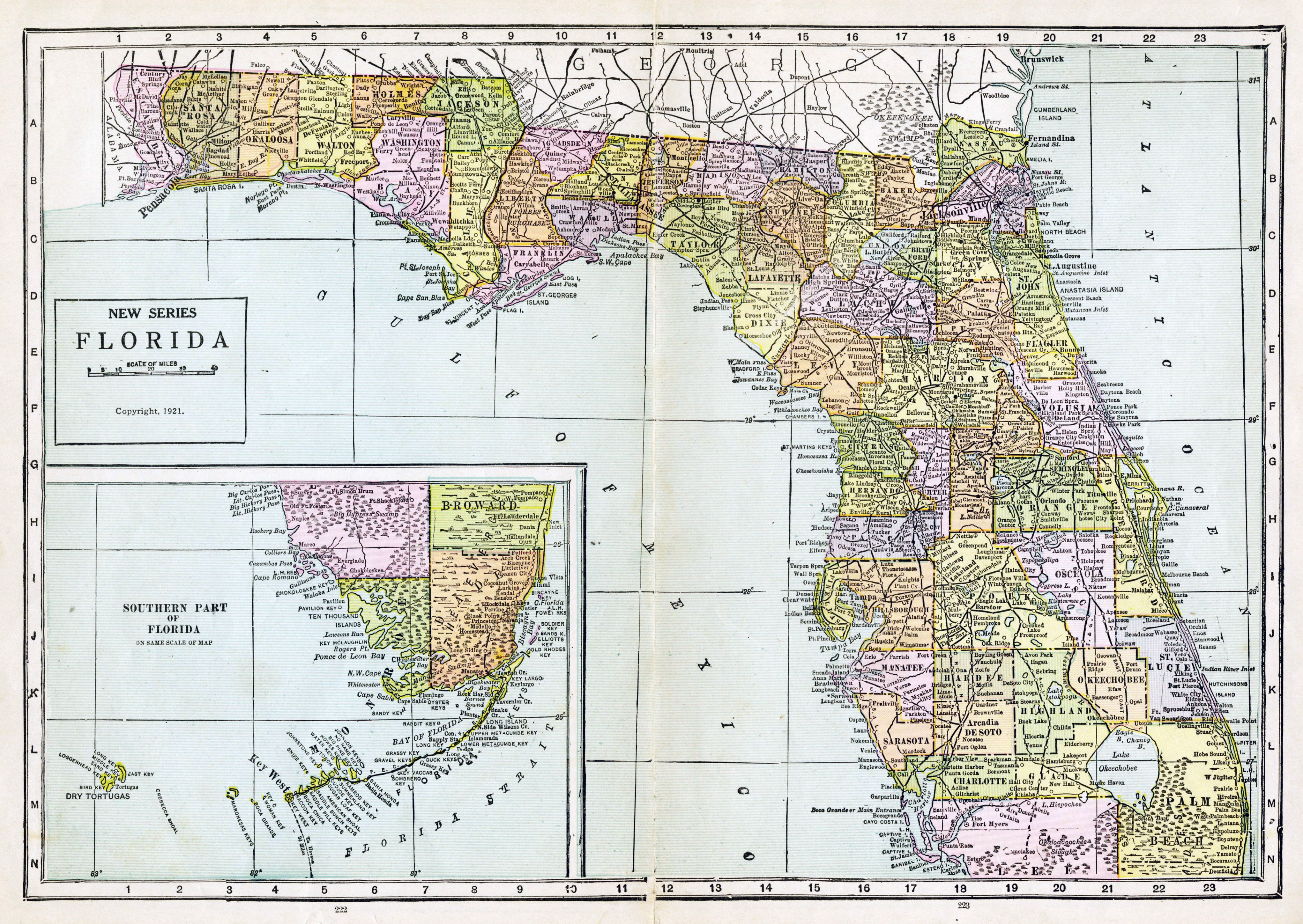 Large Detailed Old Administrative Map Of Florida With All Cities 1921