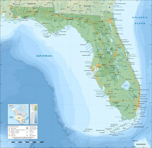 Large detailed physical map of Florida state.