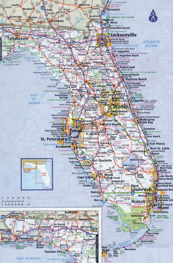 Large detailed roads and highways map of Florida state with all cities.