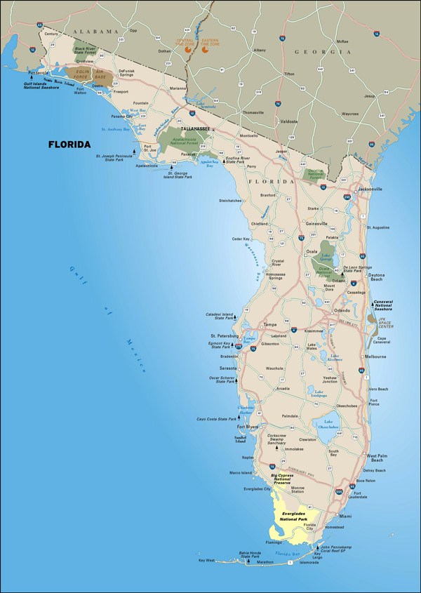 Large highways map of Florida state with national parks.