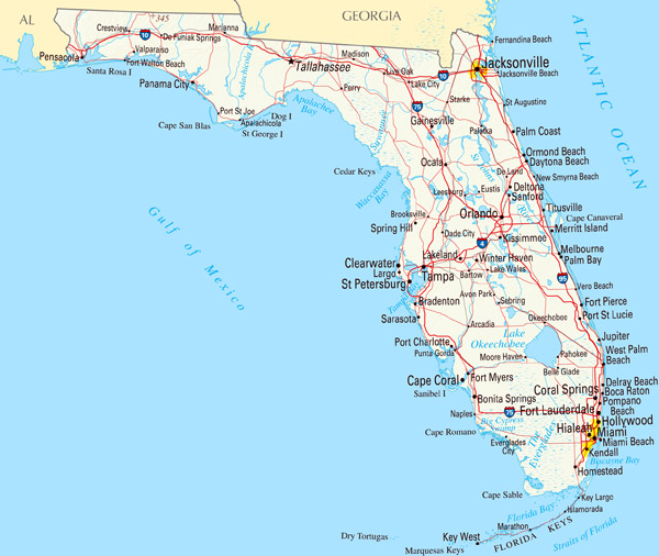 Large roads and highways map of Florida state with cities.