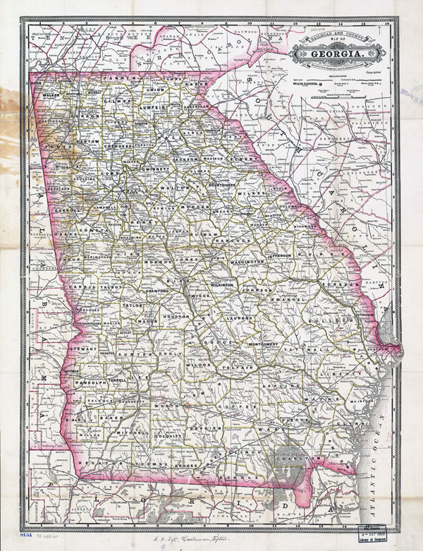 Detailed old administrative map of Georgia state - 1883.